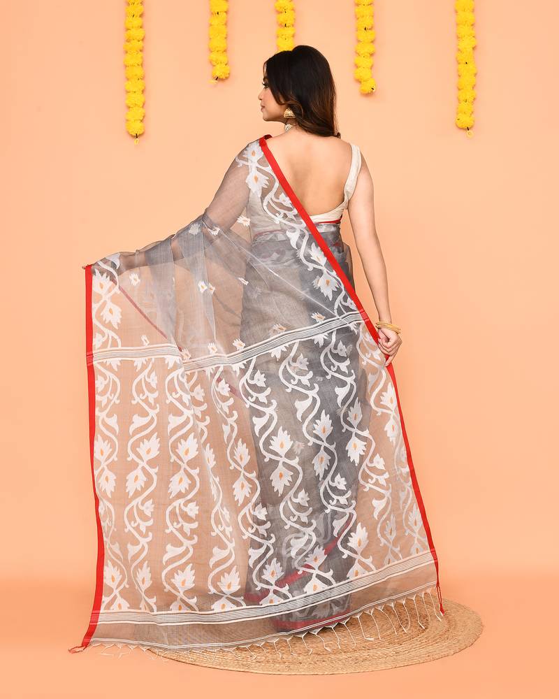 grey silk jamdani saree with handwoven contrast pallu