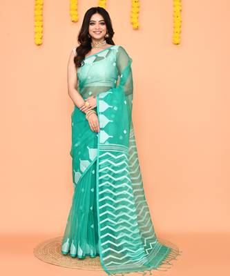 turquoise silk jamdani saree with handwoven pallu 1