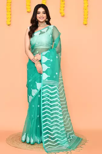 turquoise silk jamdani saree with handwoven pallu
