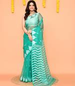 turquoise silk jamdani saree with handwoven pallu