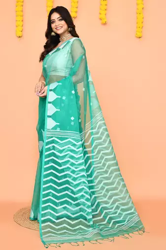 turquoise silk jamdani saree with handwoven pallu