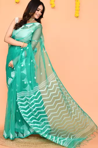 turquoise silk jamdani saree with handwoven pallu