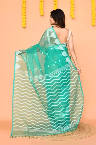 turquoise silk jamdani saree with handwoven pallu