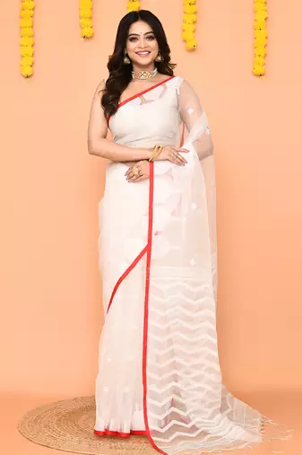 white jamdani silk saree with contrast pallu