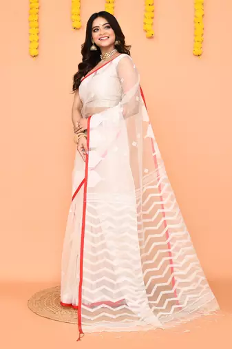 white jamdani silk saree with contrast pallu