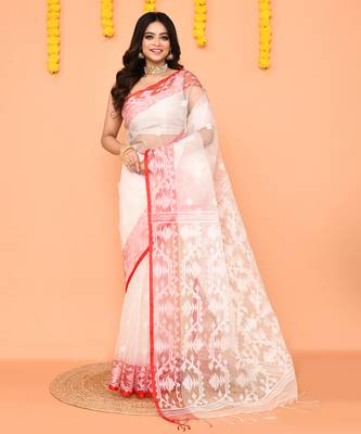 white handwoven jamdani silk saree with contrast pallu 1