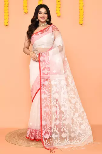white handwoven jamdani silk saree with contrast pallu