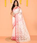 white handwoven jamdani silk saree with contrast pallu