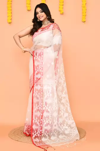 white handwoven jamdani silk saree with contrast pallu