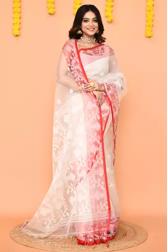 white handwoven jamdani silk saree with contrast pallu