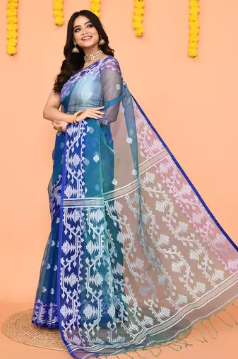blue handwoven jamdani silk saree with contrast pallu
