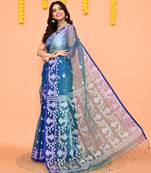 blue handwoven jamdani silk saree with contrast pallu