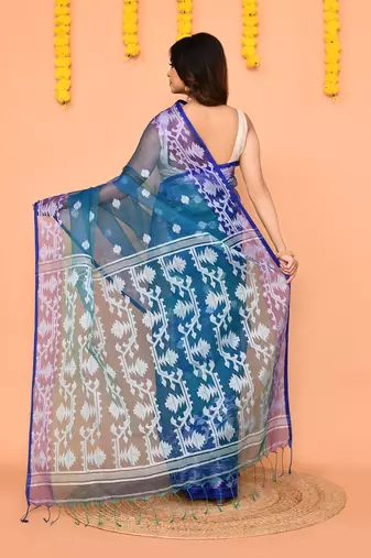 blue handwoven jamdani silk saree with contrast pallu