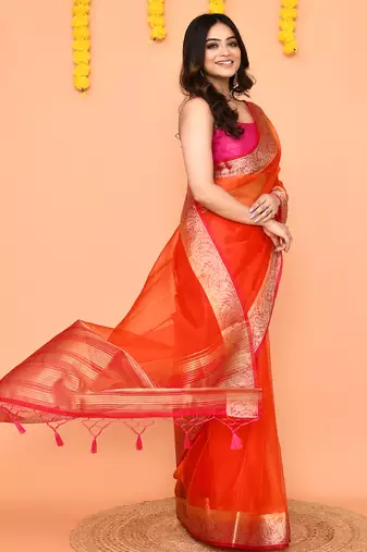 orange organza silk saree with handwoven zari border