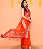 orange organza silk saree with handwoven zari border