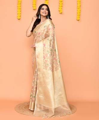 beige banarasi silk saree with handwoven zari border 1