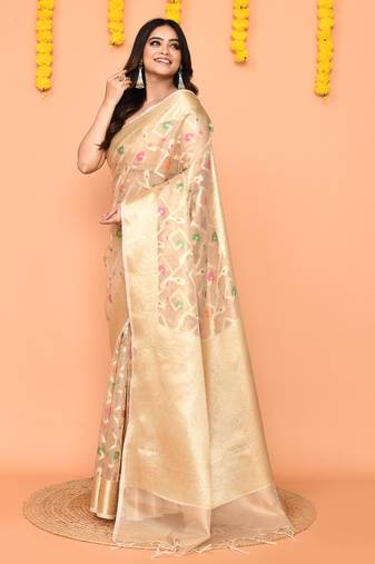 beige banarasi silk saree with handwoven zari border