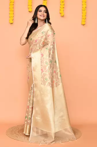beige banarasi silk saree with handwoven zari border