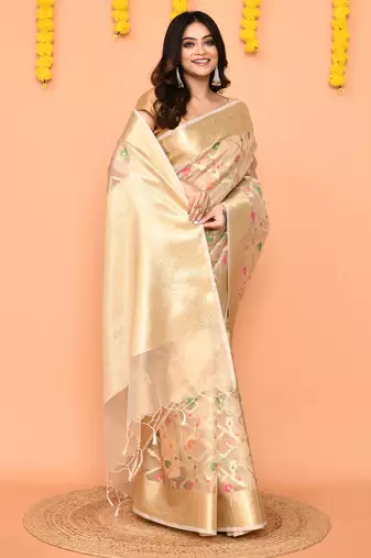 beige banarasi silk saree with handwoven zari border
