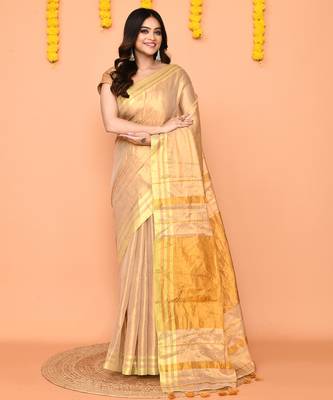 beige cotton tissue saree with zari border 1