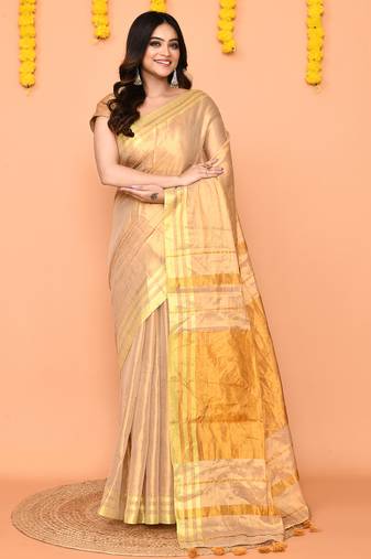 beige cotton tissue saree with zari border