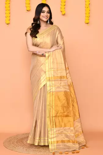 beige cotton tissue saree with zari border