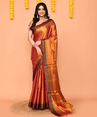 Women`s pink yellow dual tone zari cotton handloom tissue saree 1