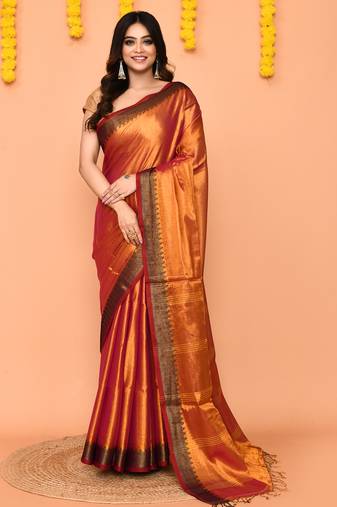 Women`s pink yellow dual tone zari cotton handloom tissue saree