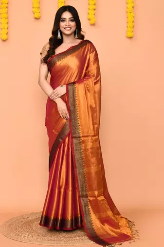 Women`s pink yellow dual tone zari cotton handloom tissue saree