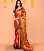 Women`s pink yellow dual tone zari cotton handloom tissue saree