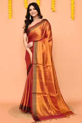 Women`s pink yellow dual tone zari cotton handloom tissue saree