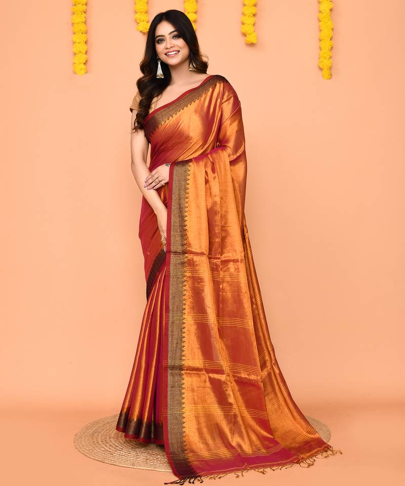 Women`s pink yellow dual tone zari cotton handloom tissue saree