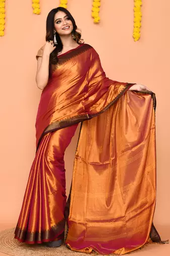 Women`s pink yellow dual tone zari cotton handloom tissue saree