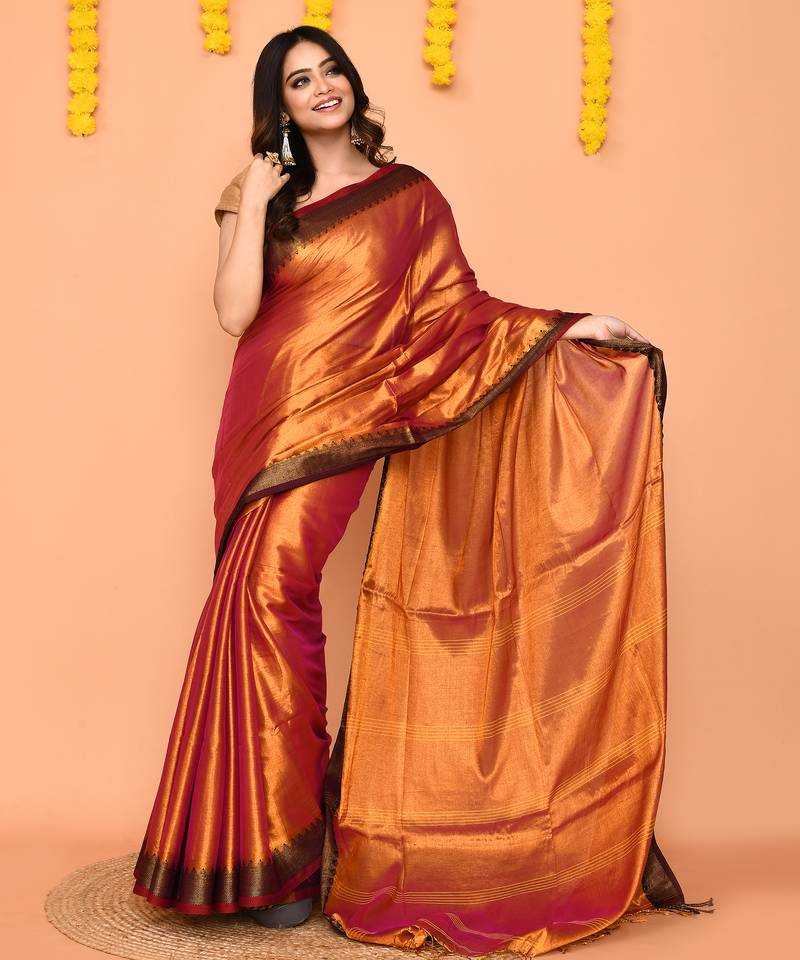 Women`s pink yellow dual tone zari cotton handloom tissue saree