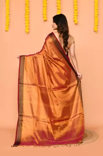 Women`s pink yellow dual tone zari cotton handloom tissue saree