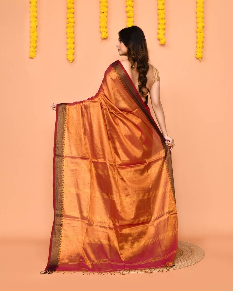 Women`s pink yellow dual tone zari cotton handloom tissue saree