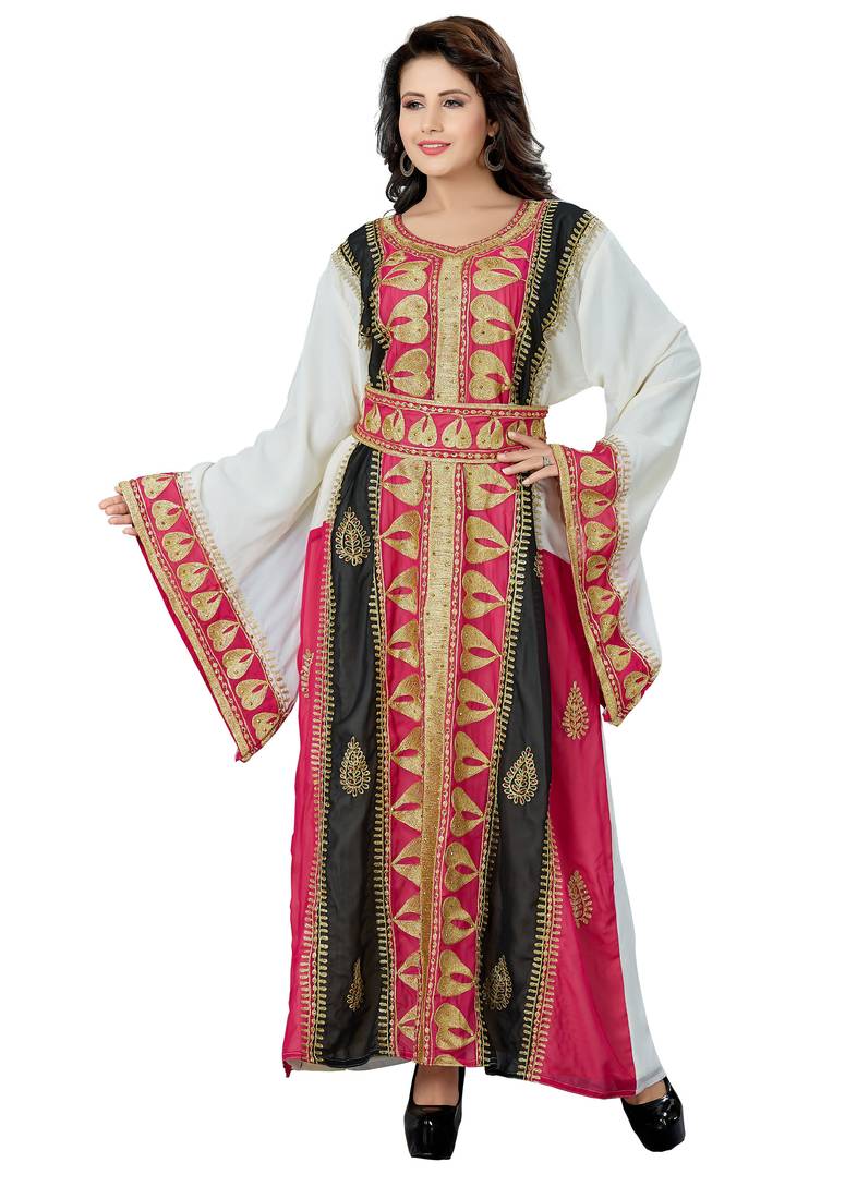 White pink embroidered kaftan