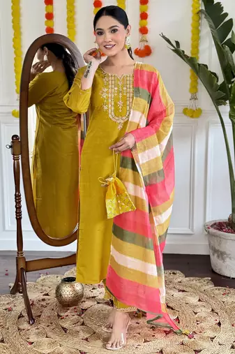 Zia yellow viscose chanderi kurti with pant and dupatta