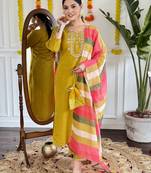 Zia yellow viscose chanderi kurti with pant and dupatta