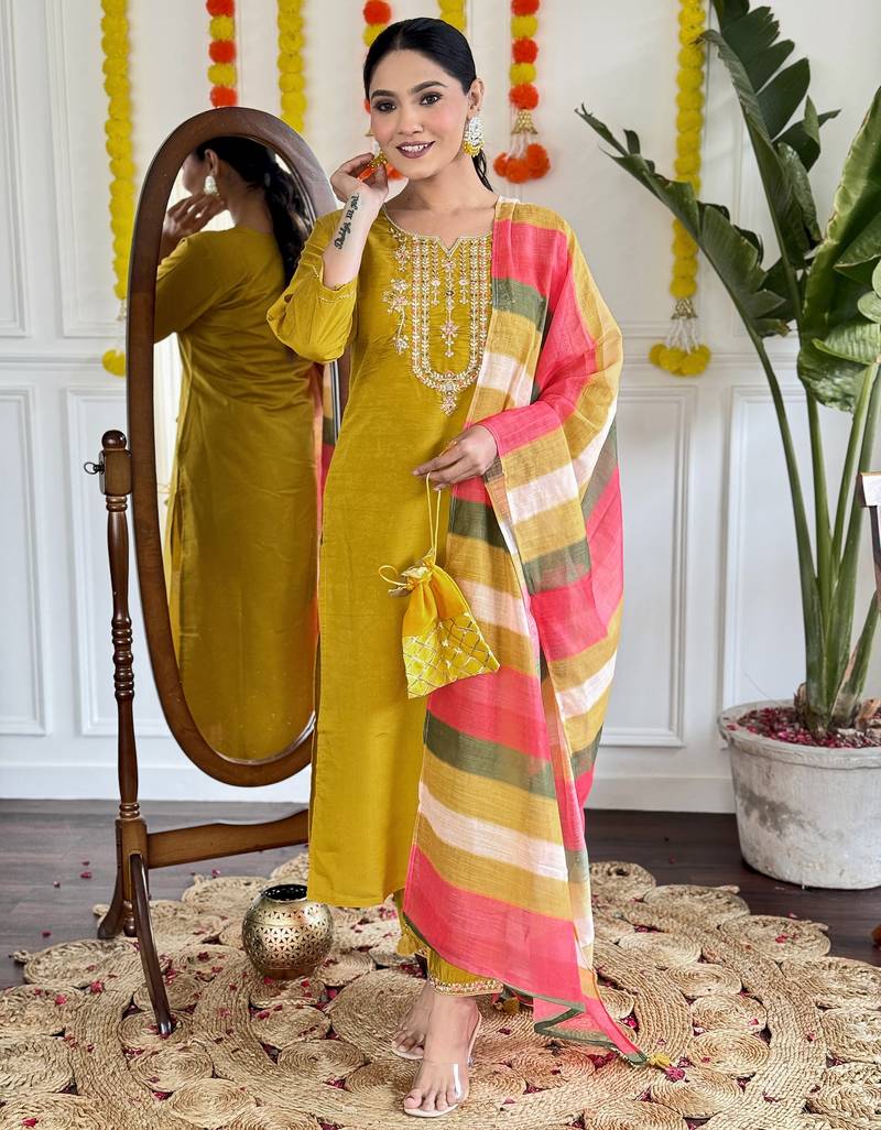 Zia yellow viscose chanderi kurti with pant and dupatta