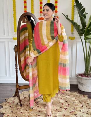 Zia yellow viscose chanderi kurti with pant and dupatta 2