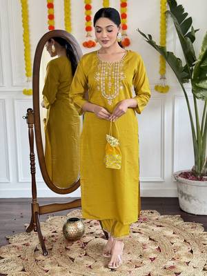 Zia yellow viscose chanderi kurti with pant and dupatta 4