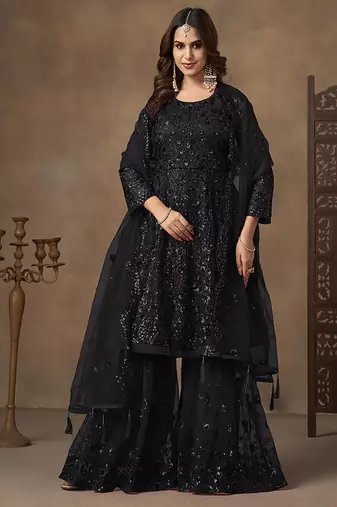 Black embroidered net palazzo suit
