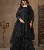Black embroidered net palazzo suit