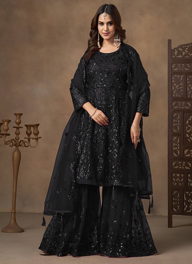 Black embroidered net palazzo suit