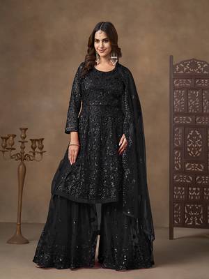 Black sequins work net palazzo suit 2