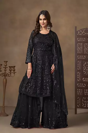 Black sequins work net palazzo suit