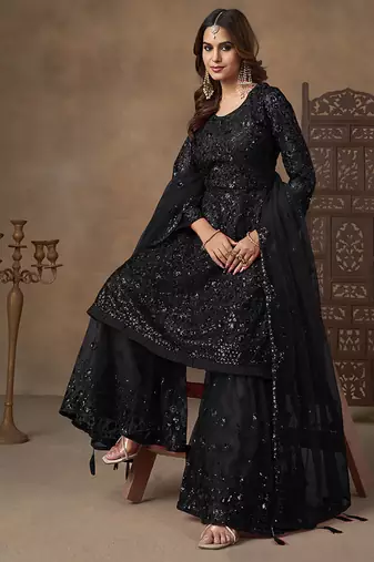 Black sequins work net palazzo suit