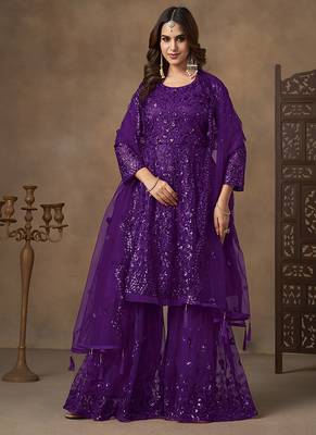 Purple sequins work net palazzo suit 1
