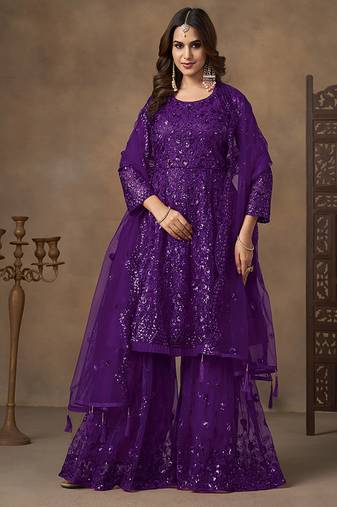 Purple embroidered net palazzo suit